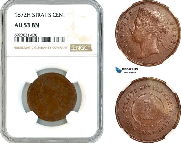 AK730, Straits Settlements, Victoria, 1 Cent 1872 H, Heaton Mint, NGC AU53BN
