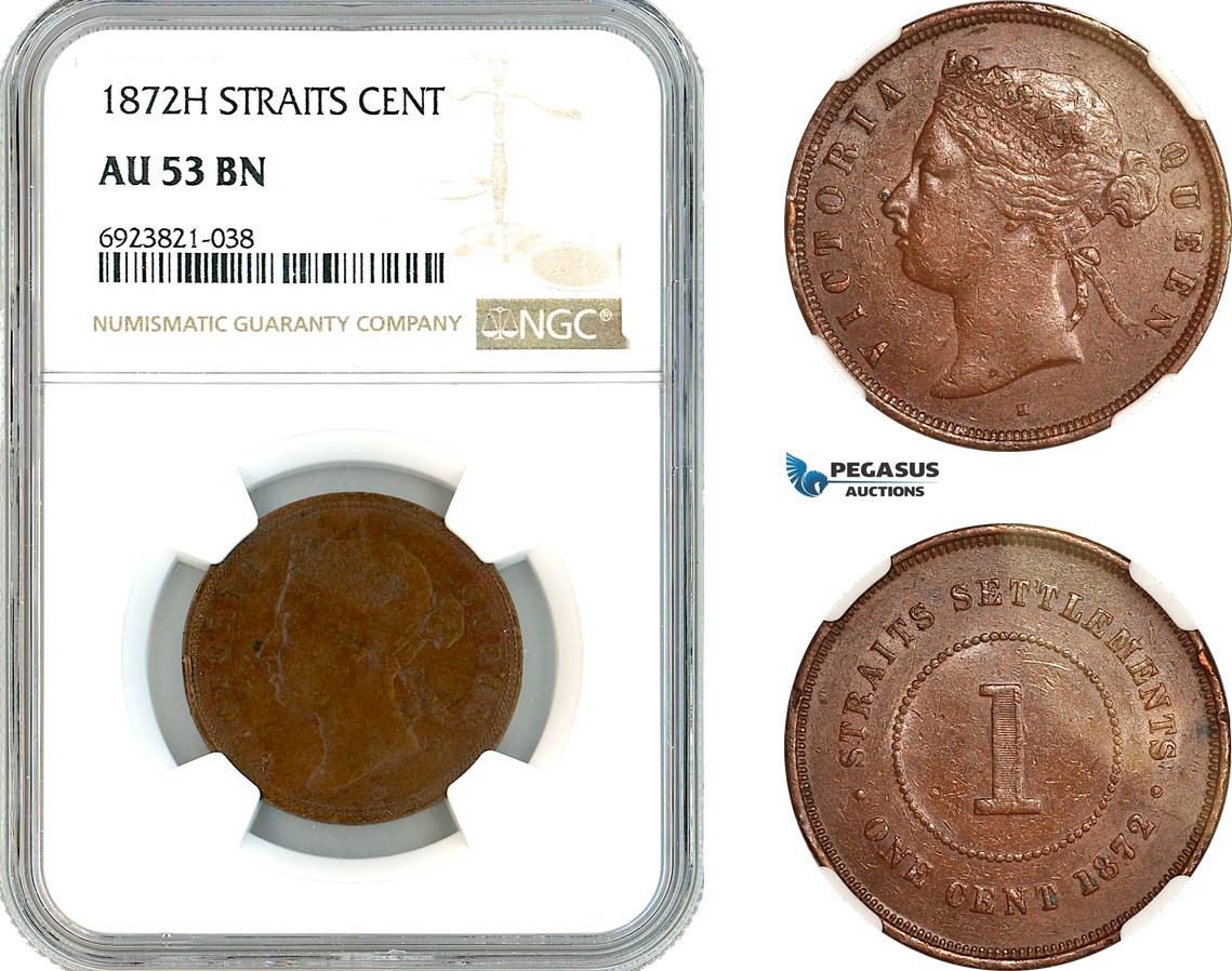 AK730, Straits Settlements, Victoria, 1 Cent 1872 H, Heaton Mint, NGC AU53BN