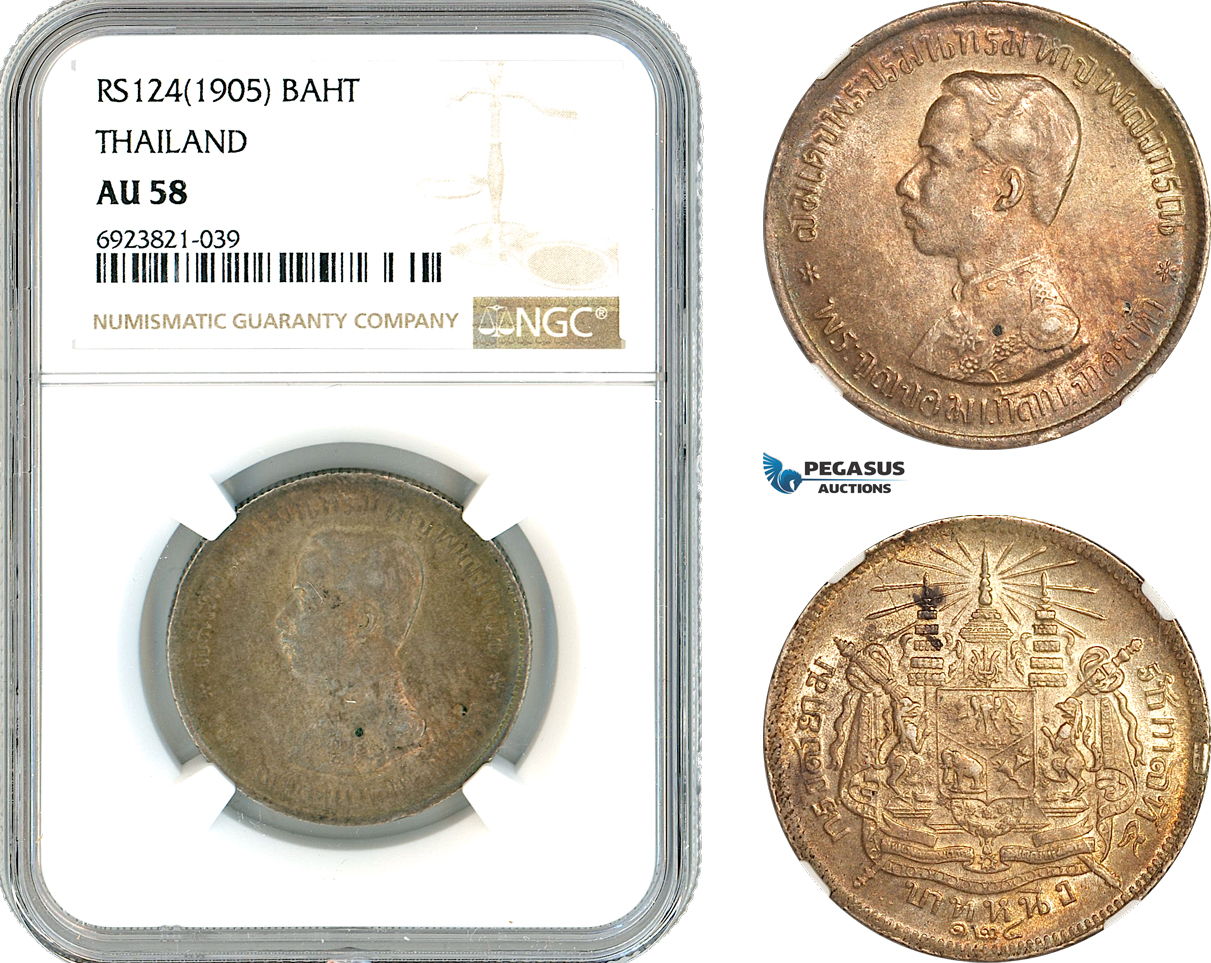 AK731, Thailand, Rama V, 1 Baht RS124 (1905) Silver, NGC AU58