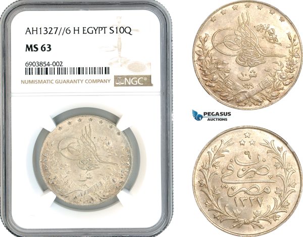 AK733, Egypt, Ottoman Empire, Mehmed V, 10 Qirsh, AH1327//6 H, Heaton Mint, Silver, NGC MS63