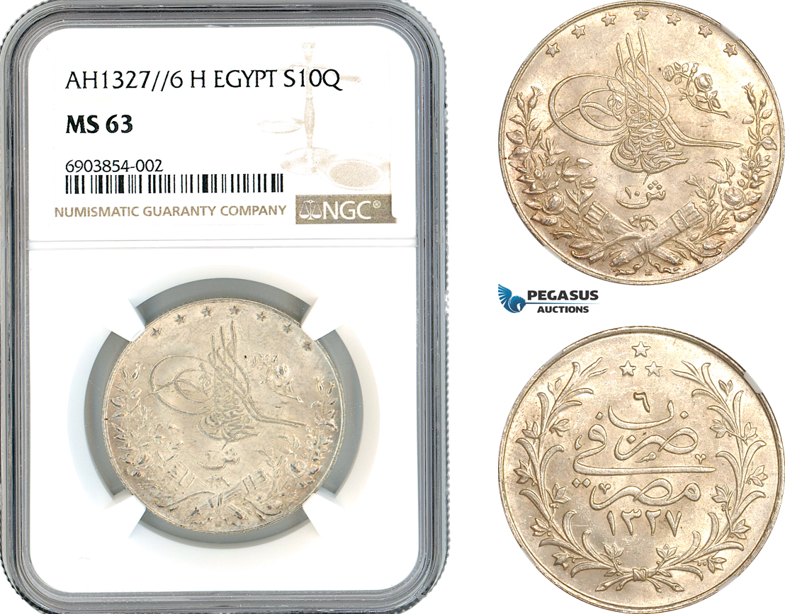 AK733, Egypt, Ottoman Empire, Mehmed V, 10 Qirsh, AH1327//6 H, Heaton Mint, Silver, NGC MS63