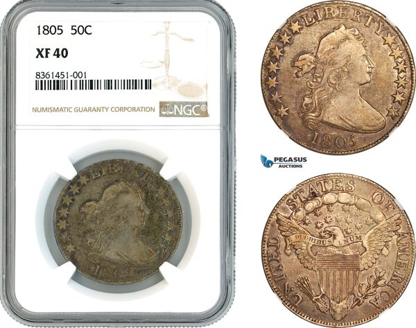 AK734, United States, "Draped Bust Half Dollar" 1/2 Dollar (50 Cents) 1805, Philadelphia Mint, Silver, NGC XF40
