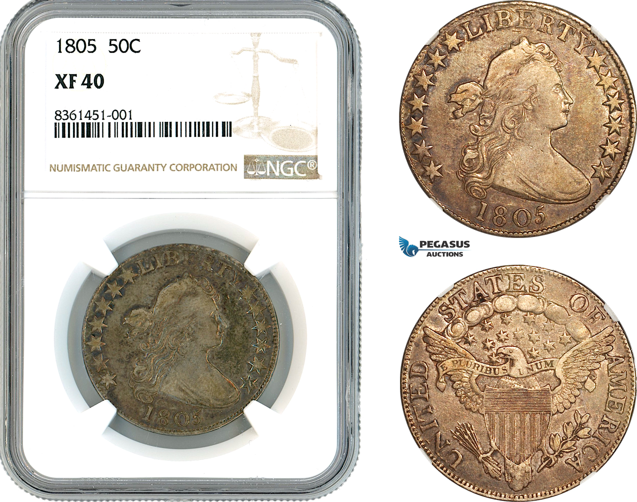 AK734, United States, "Draped Bust Half Dollar" 1/2 Dollar (50 Cents) 1805, Philadelphia Mint, Silver, NGC XF40