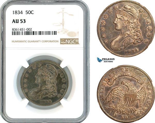 AK735, United States, "Capped Bust Half Dollar" 1/2 Dollar (50 Cents) 1834, Philadelphia Mint, Silver, NGC AU53