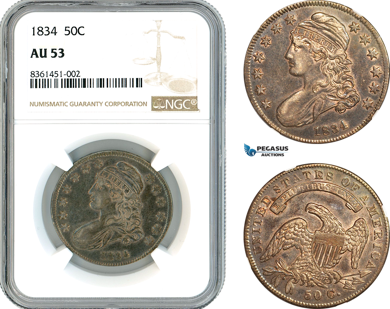 AK735, United States, "Capped Bust Half Dollar" 1/2 Dollar (50 Cents) 1834, Philadelphia Mint, Silver, NGC AU53