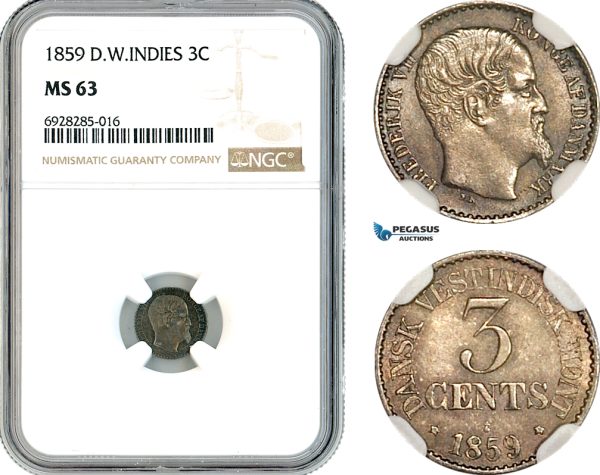 AK736, Danish West Indies, Frederik VII, 3 Cents 1859, Copenhagen Mint, Silver, NGC MS63
