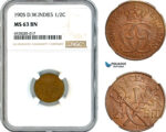 AK737, Danish West Indies, Christian IX, 2 1/2 Bit / 1/2 Cent 1905, Copenhagen Mint, NGC MS63BN