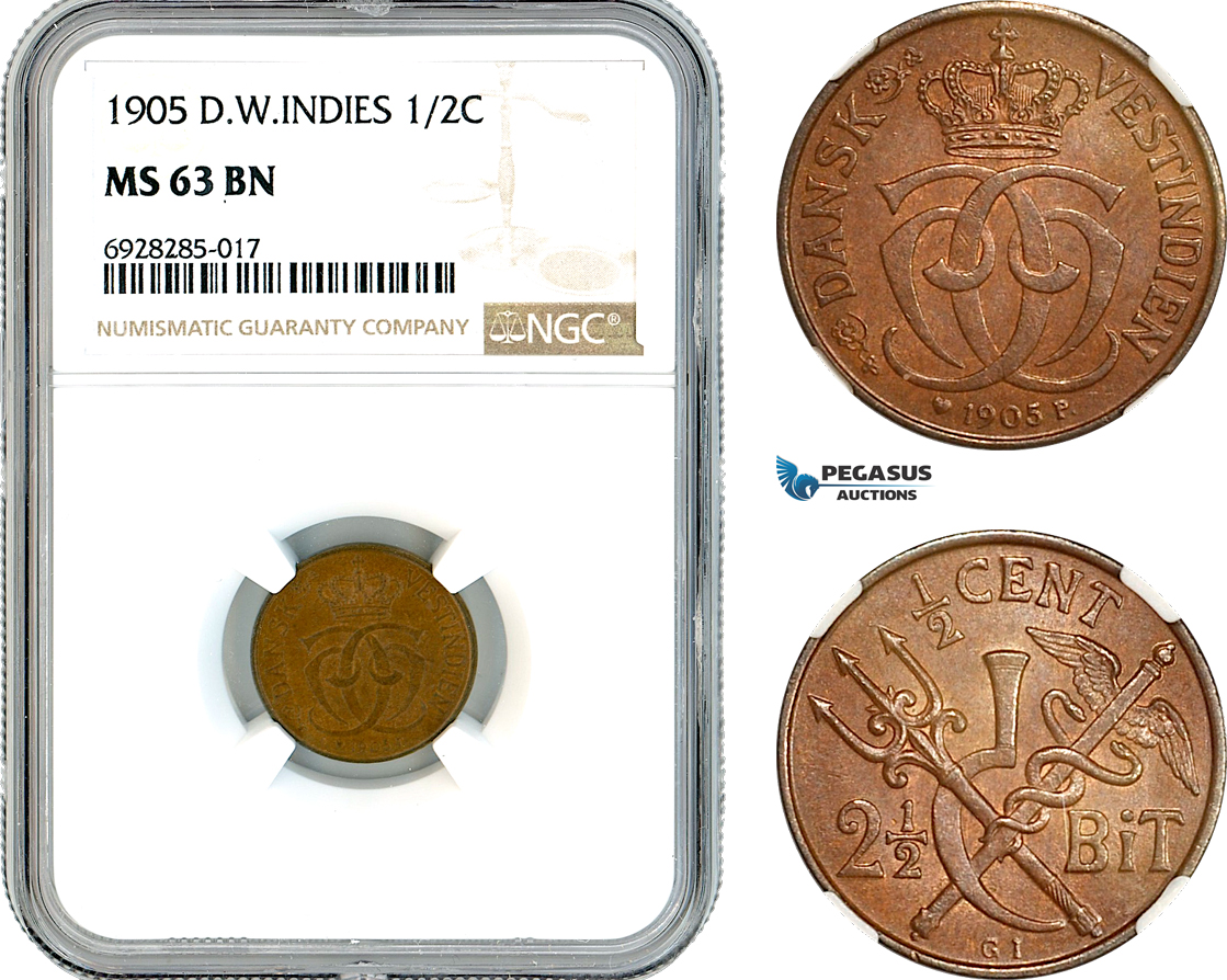 AK737, Danish West Indies, Christian IX, 2 1/2 Bit / 1/2 Cent 1905, Copenhagen Mint, NGC MS63BN