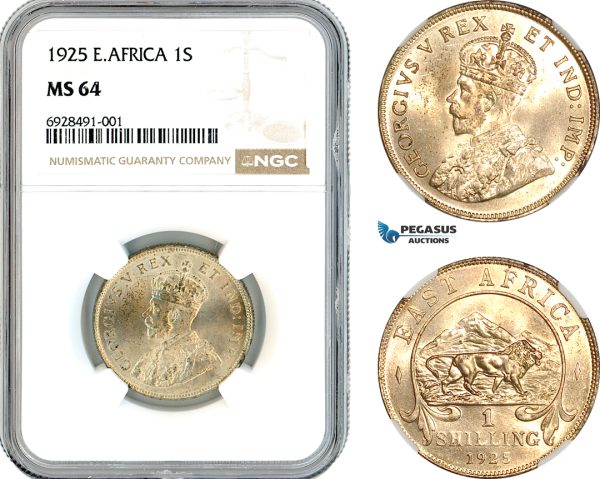 AK739, East Africa, George V, 1 Shilling 1925, London Mint, Silver, NGC MS64