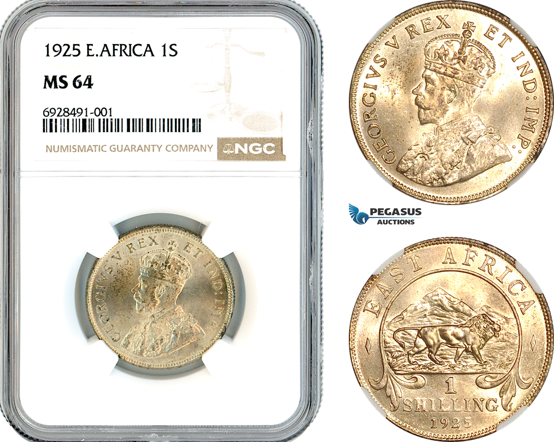AK739, East Africa, George V, 1 Shilling 1925, London Mint, Silver, NGC MS64