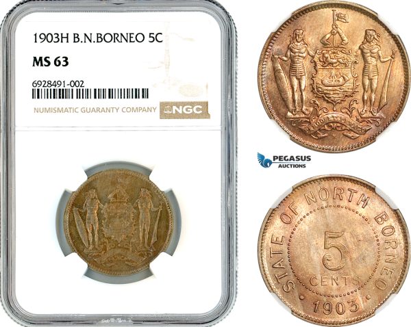 AK740, British North Borneo, 5 Cents 1903 H, Heaton Mint, NGC MS63