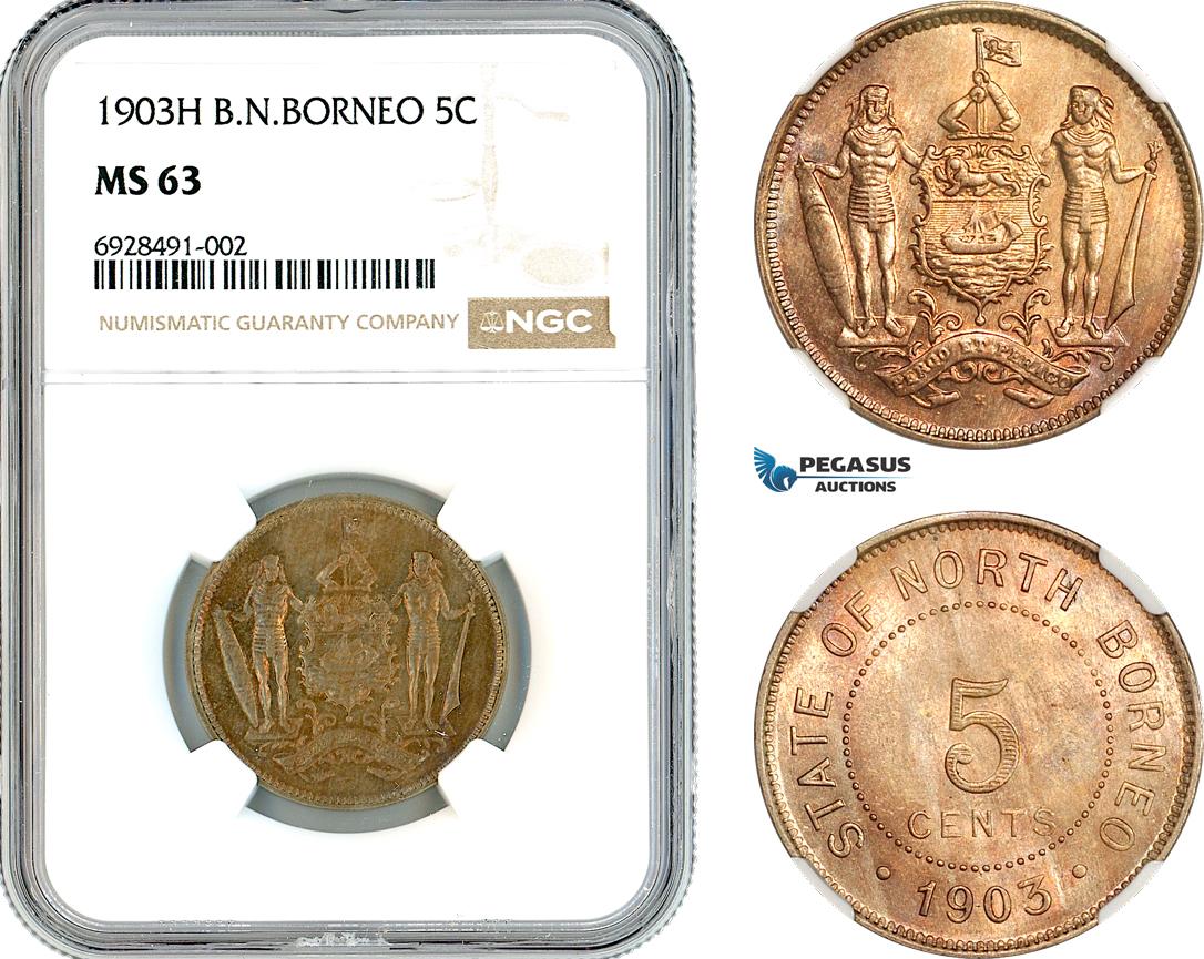 AK740, British North Borneo, 5 Cents 1903 H, Heaton Mint, NGC MS63