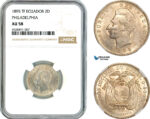 AK743, Ecuador, 2 Decimos 1895 TF, Philadelphia Mint, Silver, NGC AU58