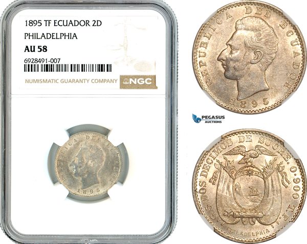 AK743, Ecuador, 2 Decimos 1895 TF, Philadelphia Mint, Silver, NGC AU58