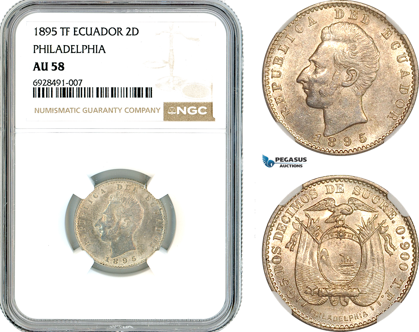 AK743, Ecuador, 2 Decimos 1895 TF, Philadelphia Mint, Silver, NGC AU58