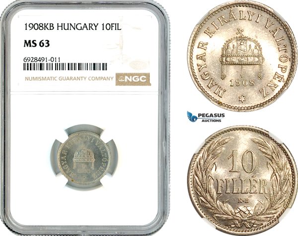 AK747, Hungary, Franz Joseph, 10 Filler 1908 KB, Kremnitz Mint, NGC MS63