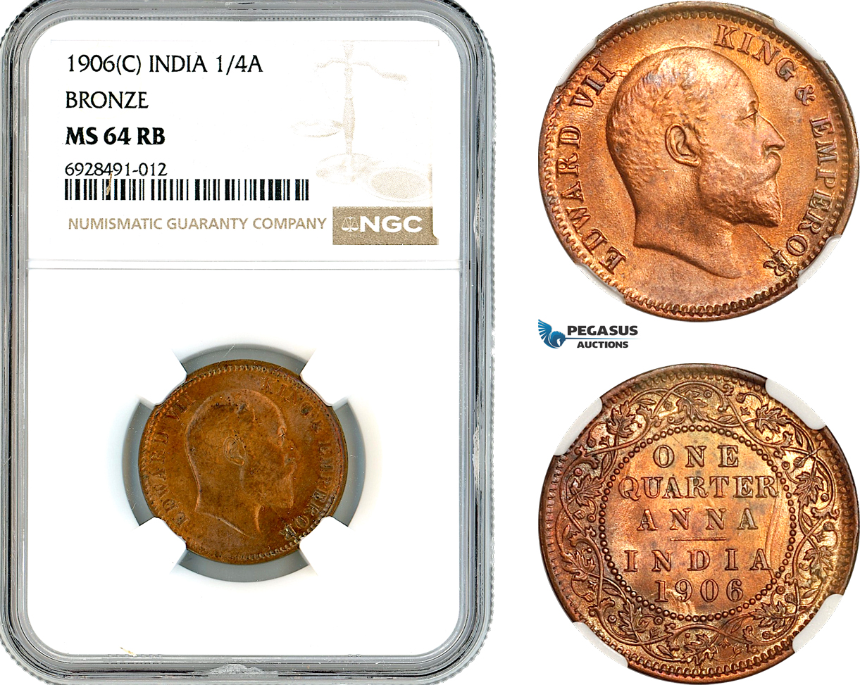 AK748, India, Edward VII, 1/4 Anna 1906 C, Calcutta Mint, NGC MS64RB