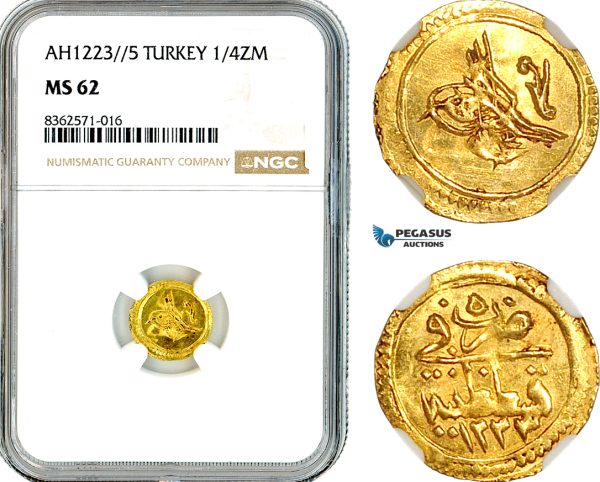 AK753, Ottoman Empire, Turkey, Mehmed II, 1/4 Zeri Mahbub AH1223 // 5, Gold, NGC MS62