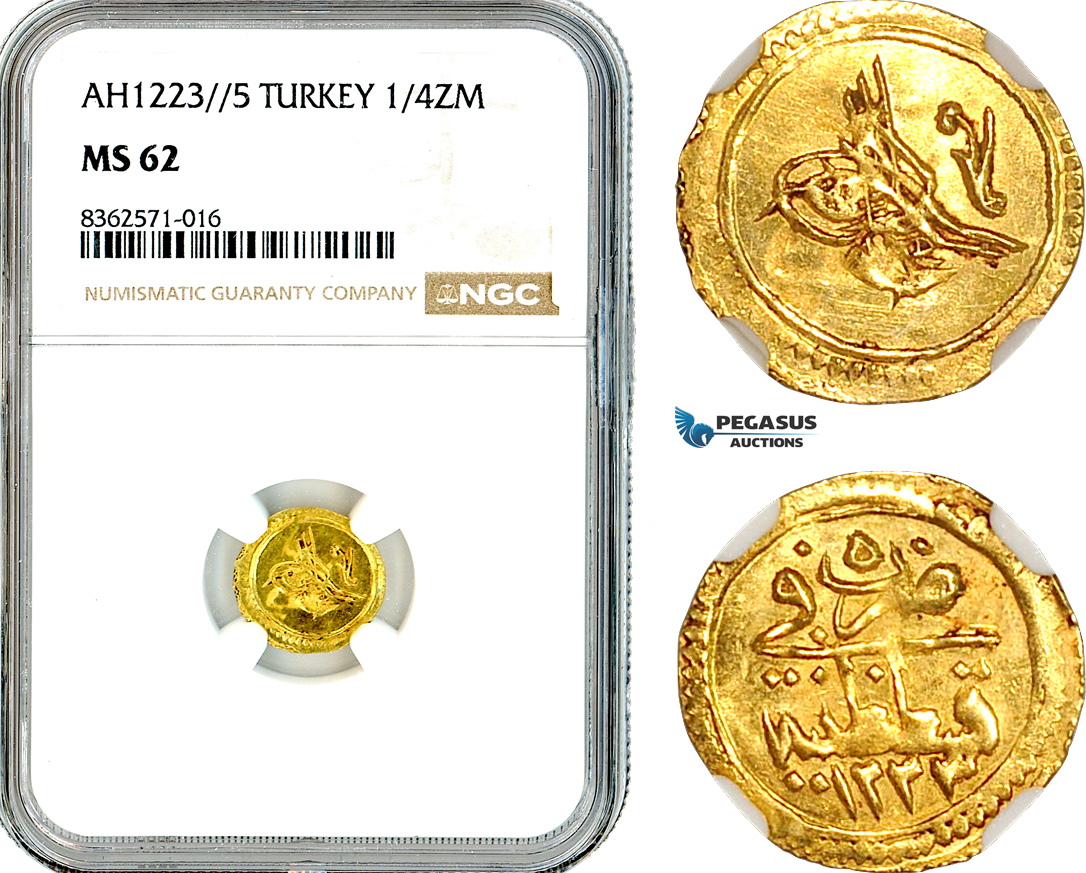 AK753, Ottoman Empire, Turkey, Mehmed II, 1/4 Zeri Mahbub AH1223 // 5, Gold, NGC MS62