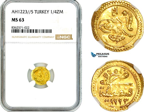 AK754, Ottoman Empire, Turkey, Mehmed II, 1/4 Zeri Mahbub AH1223 // 5, Gold, NGC MS63