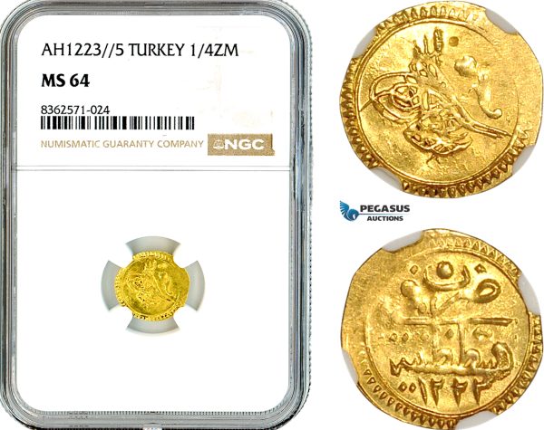 AK755, Ottoman Empire, Turkey, Mehmed II, 1/4 Zeri Mahbub AH1223 // 5, Gold, NGC MS64