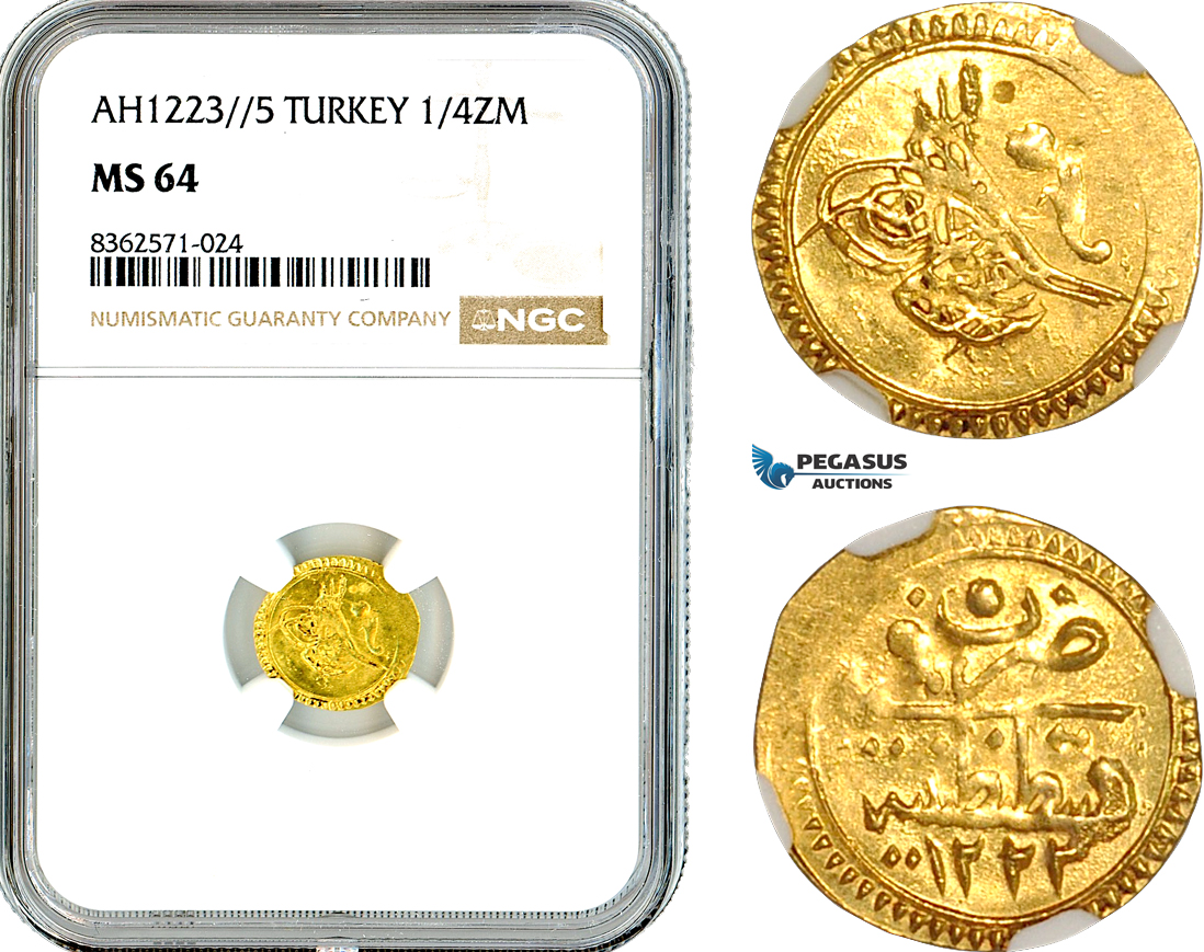 AK755, Ottoman Empire, Turkey, Mehmed II, 1/4 Zeri Mahbub AH1223 // 5, Gold, NGC MS64