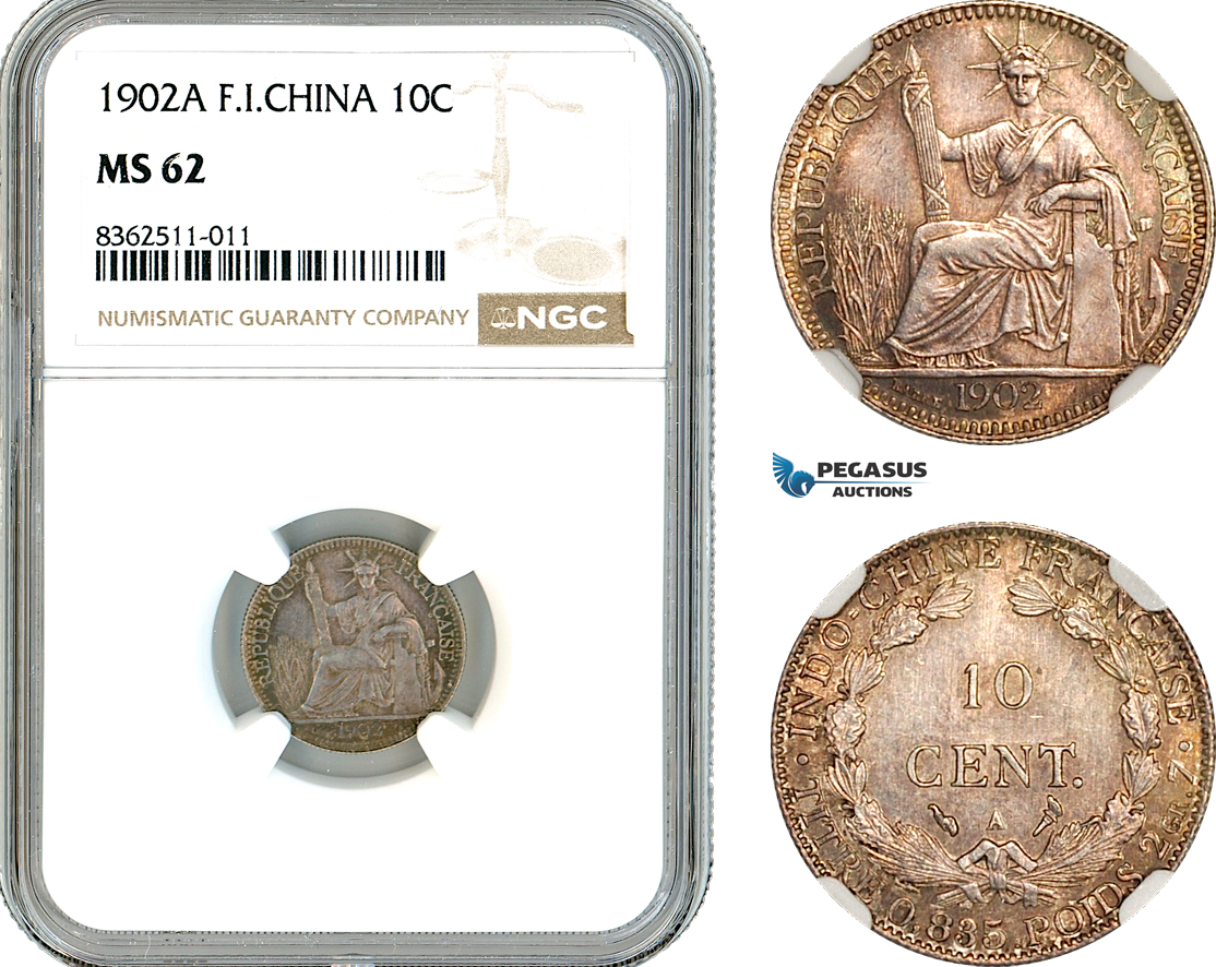 AK767, French Indo-China, 10 Centimes 1902 A, Paris Mint, Silver, NGC MS62