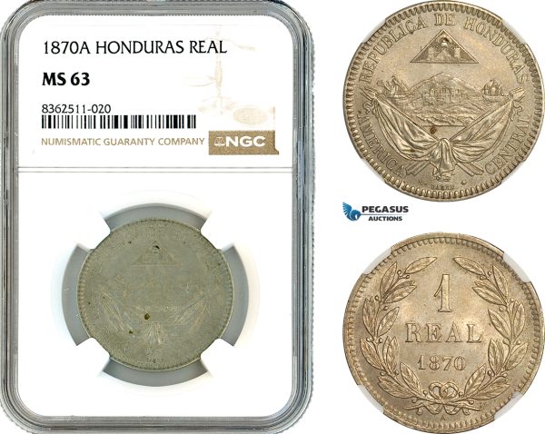 AK782, Honduras, 1 Real 1870 A, Paris Mint, NGC MS63