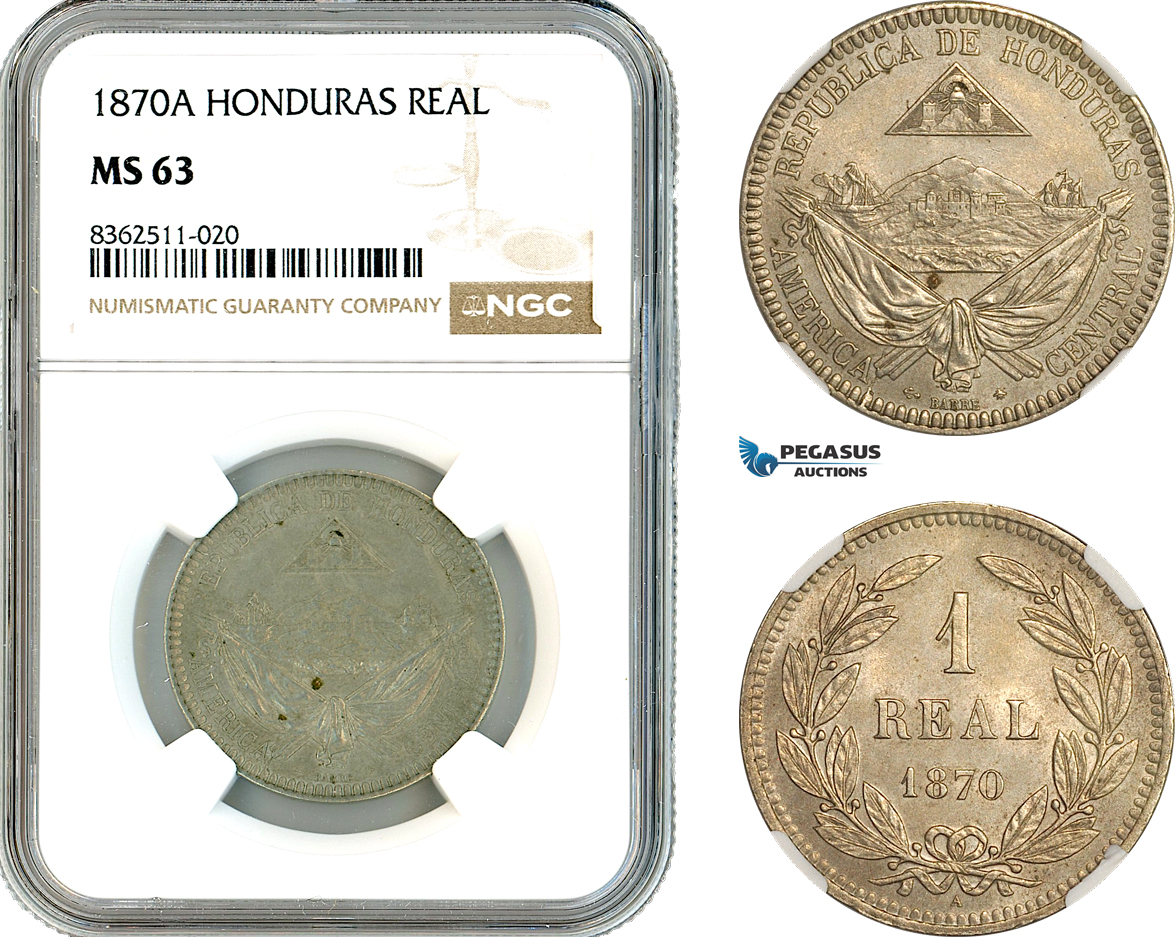 AK782, Honduras, 1 Real 1870 A, Paris Mint, NGC MS63