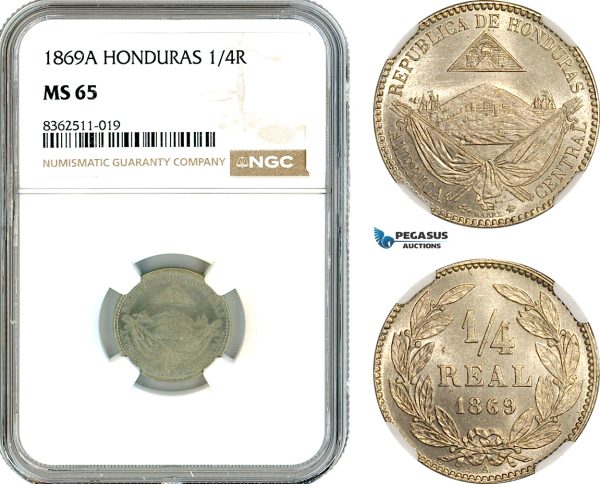 AK783, Honduras, 1/4 Real 1869 A, Paris Mint, NGC MS65