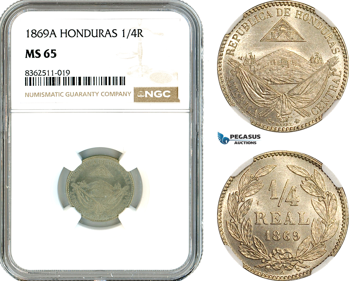 AK783, Honduras, 1/4 Real 1869 A, Paris Mint, NGC MS65