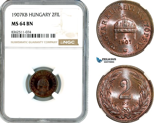 AK784, Hungary, Franz Joseph, 2 Filler 1907 KB, Kremnitz Mint, NGC MS64BN