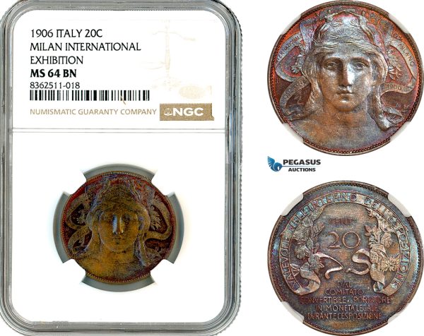 AK786, Italy, Vittorio Emanuele III, 20 Centesimi 1906, Milan International Exhibition Medal, NGC MS64BN