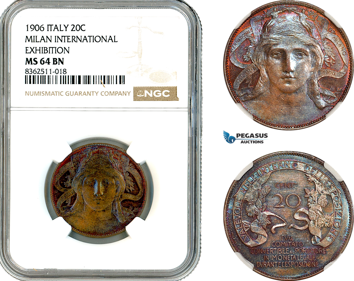 AK786, Italy, Vittorio Emanuele III, 20 Centesimi 1906, Milan International Exhibition Medal, NGC MS64BN