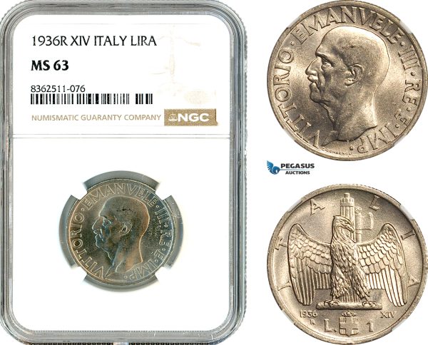 AK787, Italy, Vittorio Emanuele III, 1 Lira 1936 R, Rome Mint, NGC MS63