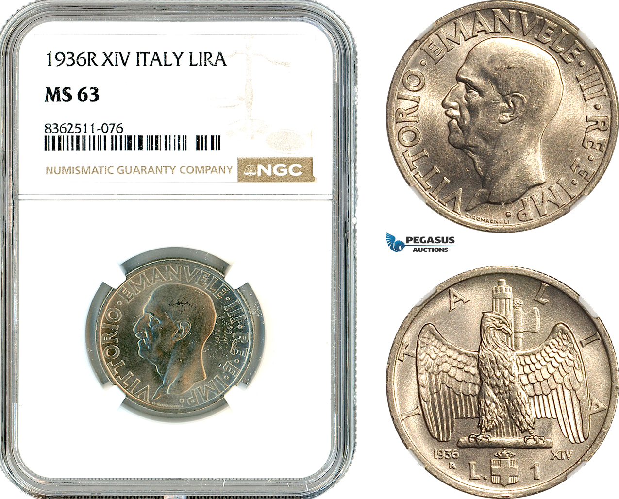 AK787, Italy, Vittorio Emanuele III, 1 Lira 1936 R, Rome Mint, NGC MS63