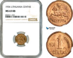 AK788, Lithuania, 1 Centas 1936, NGC MS63RB
