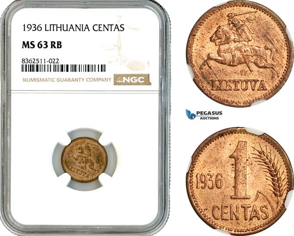 AK788, Lithuania, 1 Centas 1936, NGC MS63RB