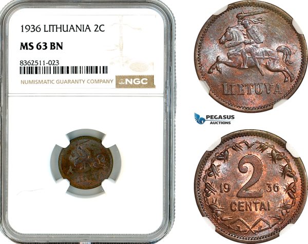 AK789, Lithuania, 2 Centai 1936, NGC MS63BN