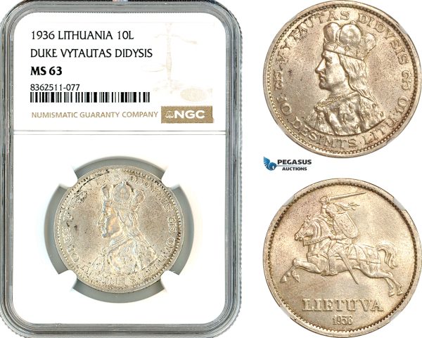 AK790, Lithuania, 10 Litu 1936, Duke Vytautas Didysis, Silver, NGC MS63