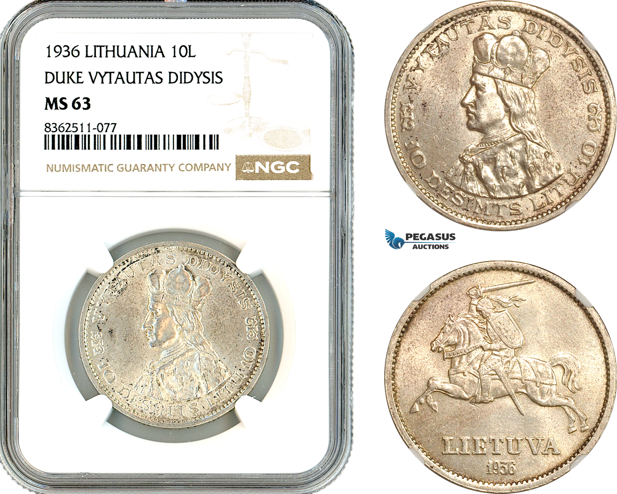 AK790, Lithuania, 10 Litu 1936, Duke Vytautas Didysis, Silver, NGC MS63