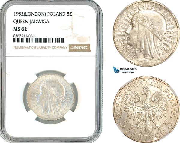 AK792, Poland, 5 Zlotych 1932 "Queen Jadwiga" London Mint, Silver, NGC MS62