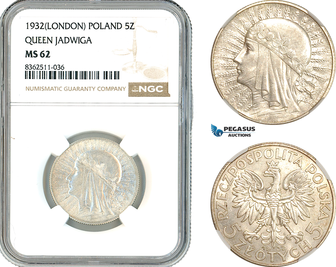 AK792, Poland, 5 Zlotych 1932 "Queen Jadwiga" London Mint, Silver, NGC MS62