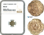 AK799, Sweden, Oscar I, 10 Öre 1858 ST, Kungliga Mint, Silver, NGC63