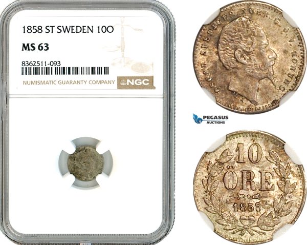 AK799, Sweden, Oscar I, 10 Öre 1858 ST, Kungliga Mint, Silver, NGC63