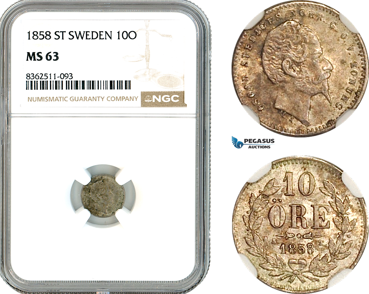 AK799, Sweden, Oscar I, 10 Öre 1858 ST, Kungliga Mint, Silver, NGC63