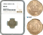 AK807, Greece, George I, 20 Lepta 1894 A, Paris Mint, NGC MS63