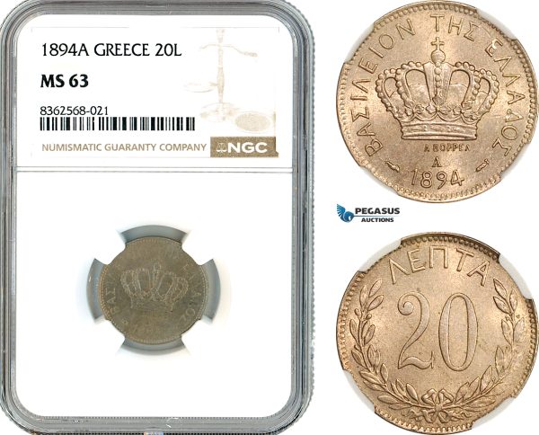 AK807, Greece, George I, 20 Lepta 1894 A, Paris Mint, NGC MS63