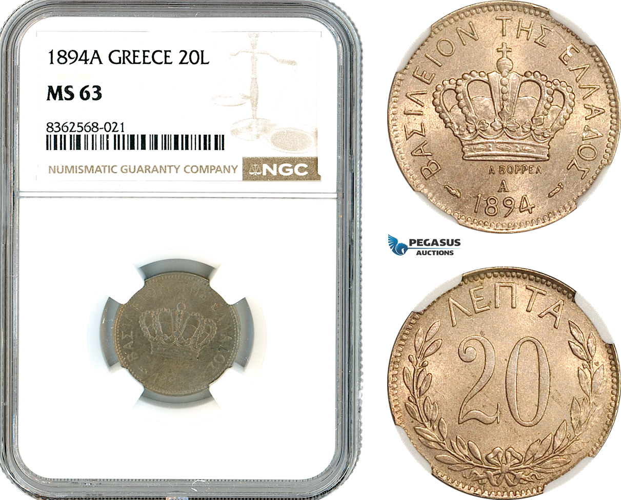 AK807, Greece, George I, 20 Lepta 1894 A, Paris Mint, NGC MS63