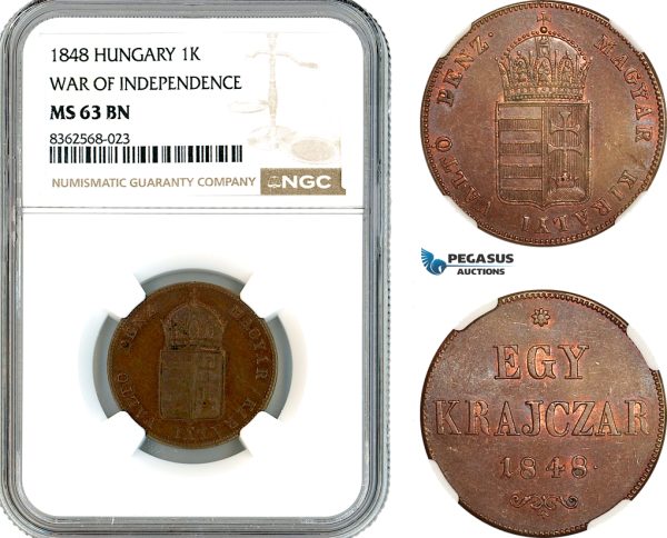 AK808, Hungary, 1 Krajczar 1848, War of Independence, NGC MS63BN